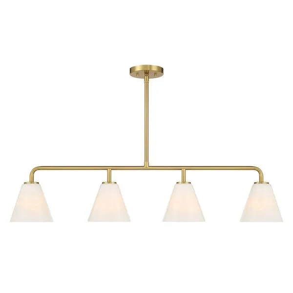 Linear chandelier with warm brass finish and four swirling strie glass shades