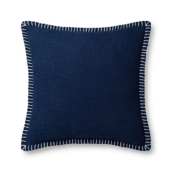 Navy blue square pillow with white striped piping along the edges
