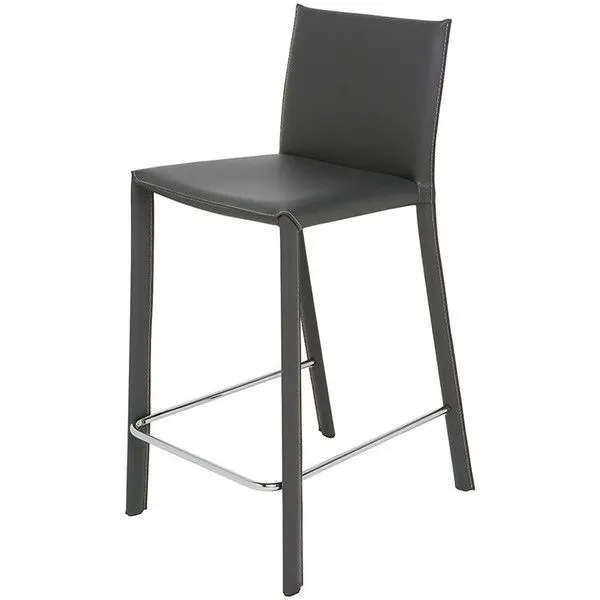 Bridget Counter Stool with dark leather seat and back, contrast stitching, and stainless steel footrest