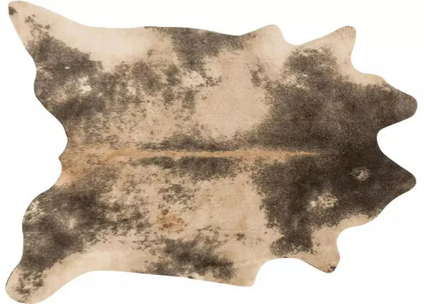 Grand Canyon Beige Ash synthetic rug with irregular cowhide shape and mottled beige and dark ash pattern