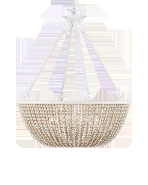 Wychwood Chandelier with sugar white wrought iron frame and swagged sandstone wooden beads wrapped in Kraft paper twine