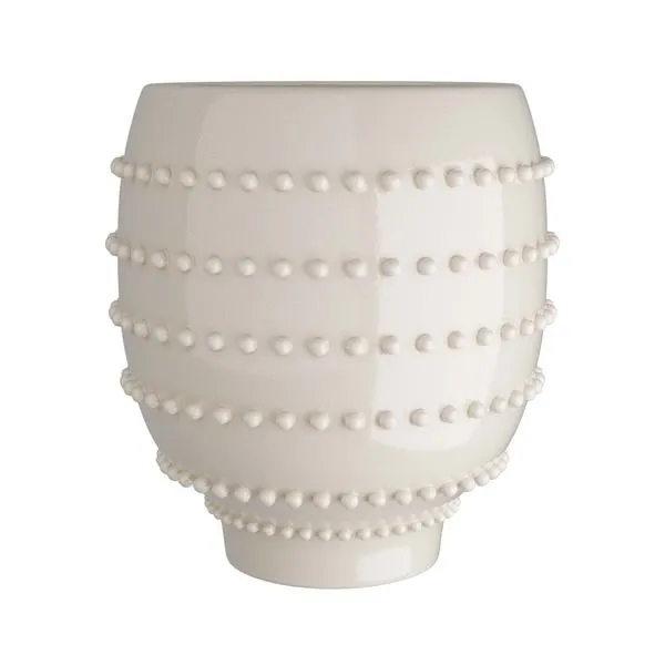 Small ivory ceramic vase with rounded shape, featuring horizontal rows of soft hand-applied bead details.