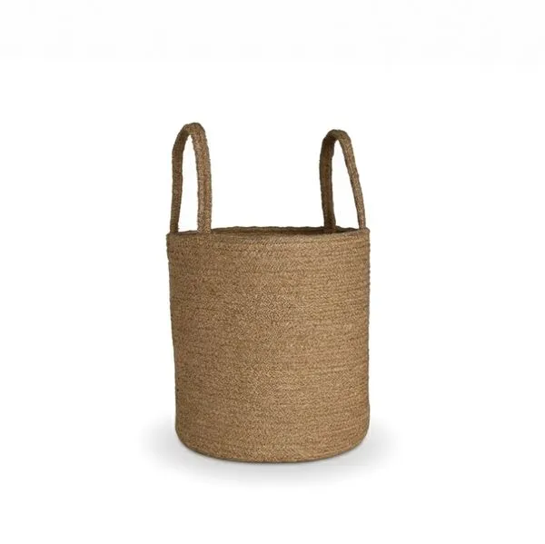 Round natural bamboo basket with two loop handles, woven texture, light brown color