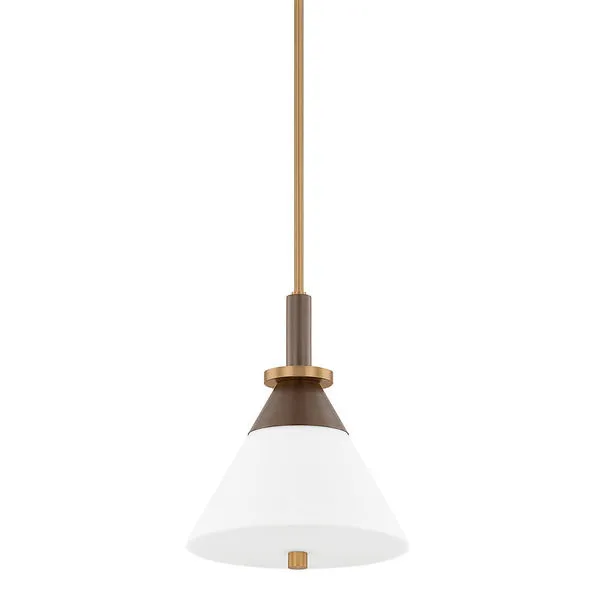 Staton pendant with white opal matte glass conical shade and dark bronze and patina brass accents with central rod