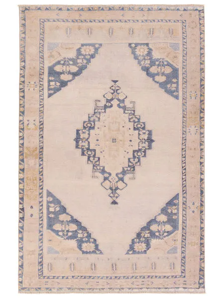 Distressed tan and blue area rug with vintage medallion, geometric border, and floral detailing