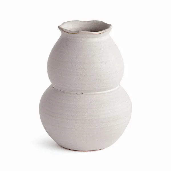 Chyrssa Vase with matte finish, subtle ridges, weighty feel, and bulbous double-gourd shape in light cream color