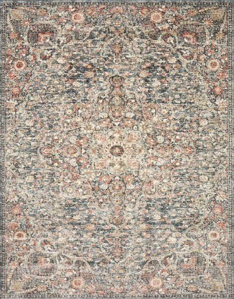Traditional power-loomed Saban Blue Spice rug with intricate floral motifs in blue, beige, and rust tones
