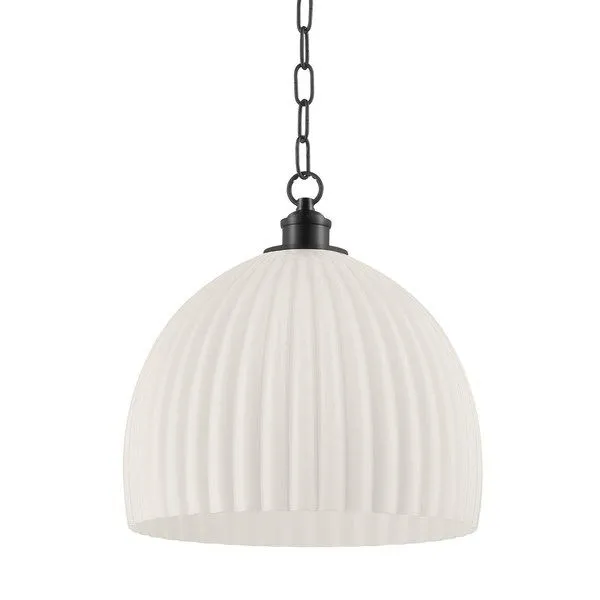Large old bronze fluted pendant light with rounded dome-shaped white glass shade and hanging chain