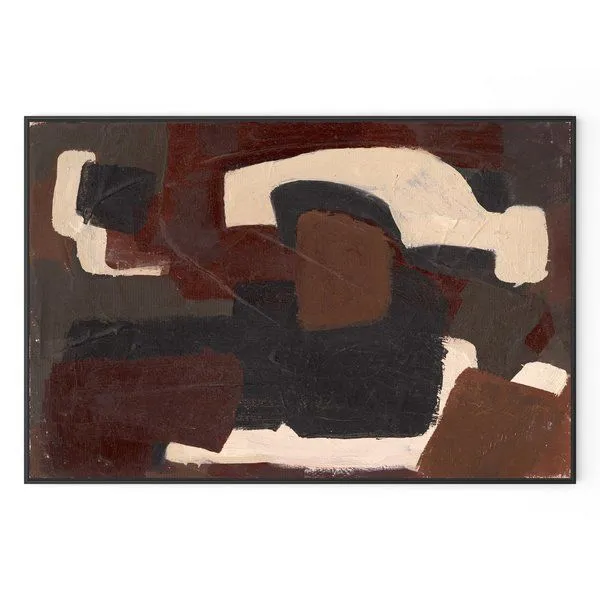 Abstract painting with layered brown, black, and cream shapes creating a textured, edgy composition