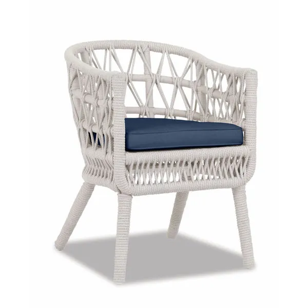 Dana Rope Dining Chair with curved macramé bucket frame, natural linen rope, and navy blue seat cushion