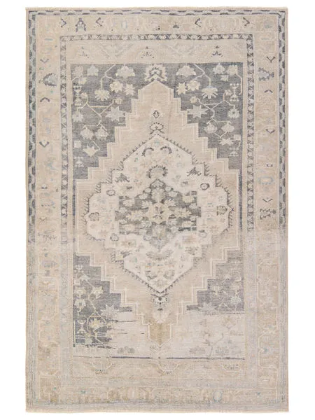 Traditional distressed Pasain Medallion rug with navy, light green, cream, gray, and tan medallion and floral borders