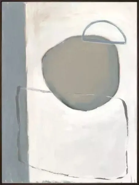 Frontal view of Open Range painting with soft neutral tones and simple geometric shapes on white background