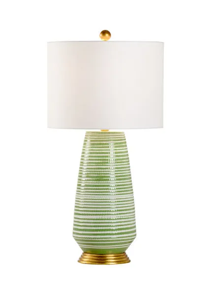 Green and white hand painted striped table lamp with white drum shade and gold leaf base and finial
