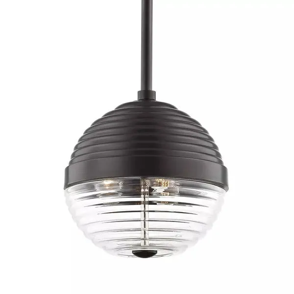 Small round pendant light with ribbed dark metal top and clear ribbed glass bottom, three lights inside