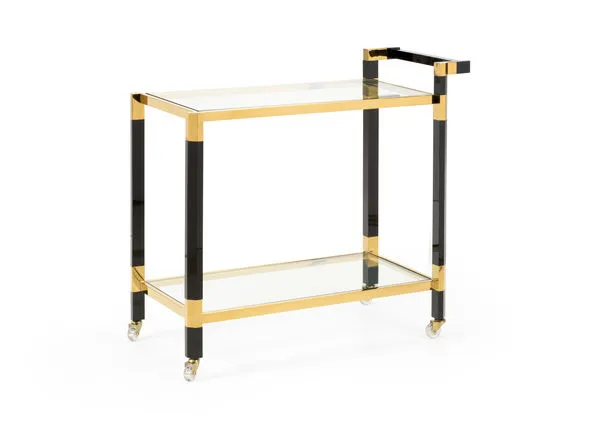 Boulevardier Bar Cart with black acrylic legs, gold stainless steel frame, clear glass shelves, and caster wheels