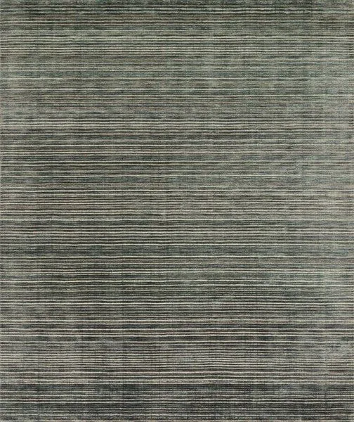 Bellamy Lagoon Rug with horizontal tonal stripes in shades of green and gray, hand-loomed texture with varied pile height