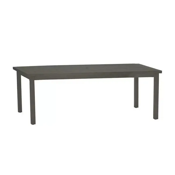 Rectangular outdoor dining table with aluminum frame and slatted tabletop in dark finish