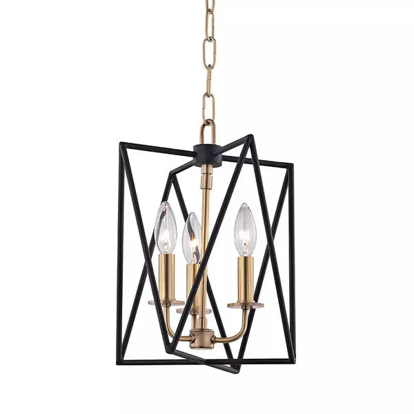 Laszlo 3 Light Pendant with black textured overlapping triangle frames and polished gold candelabra-style lights