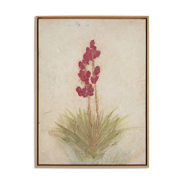 Painting of a red-flowered yucca plant with green spiky leaves on a textured beige background in a thin wood frame