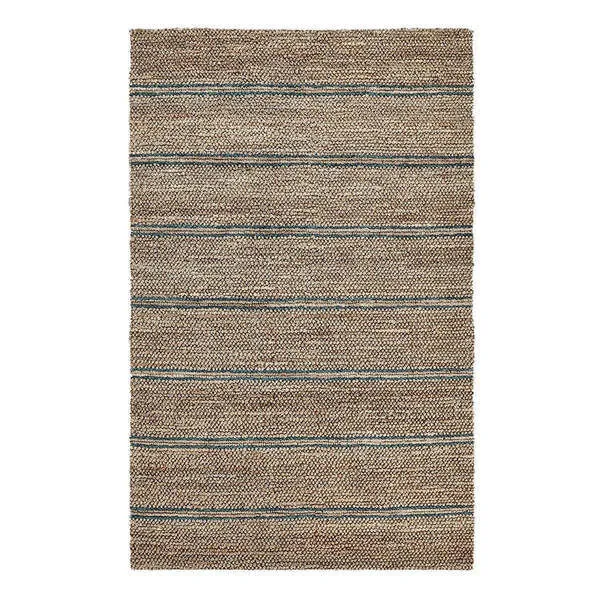 Hand-woven Barcelona area rug in natural jute with subtle blue horizontal stripes and textured looped fibers