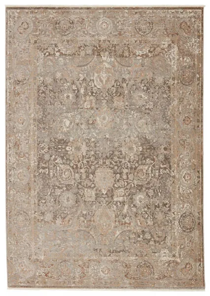 Baptiste Oriental Dark Taupe/Gold Rug with distressed floral medallion pattern in warm taupe, cream, gold, and silver accents