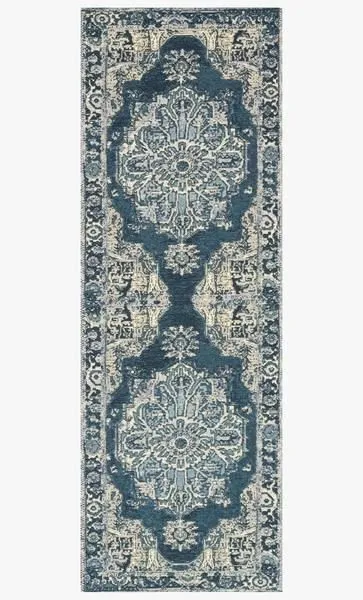 Long narrow runner style with two large medallions and repeating border pattern, same dark blue and beige color scheme