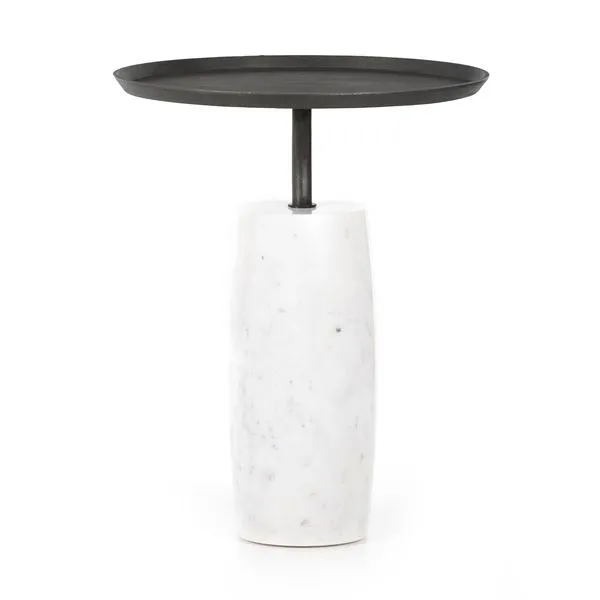 End table with polished white turned marble base and round grey-hammered iron tray top