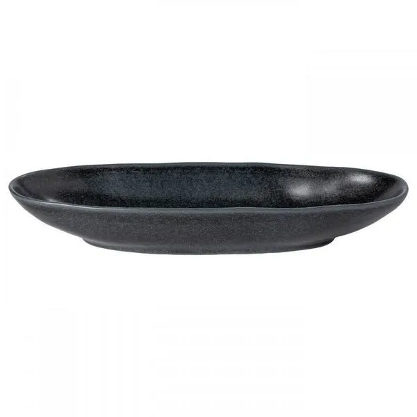 Matte black oval ceramic stoneware platter with smooth rim and slightly raised edges