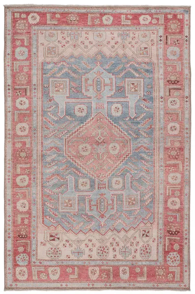 Vintage-inspired flat Fiddler Medallion rug with ornate Anatolian design in pink and sky blue