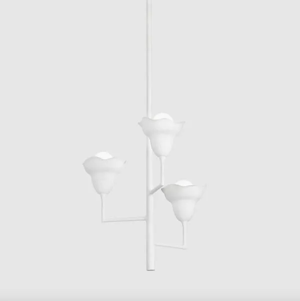 Alora chandelier side view highlighting the sculptural shape of the floral shades and framework