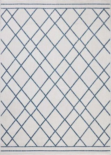 Ivory rug with blue geometric diamond lattice pattern and striped borders