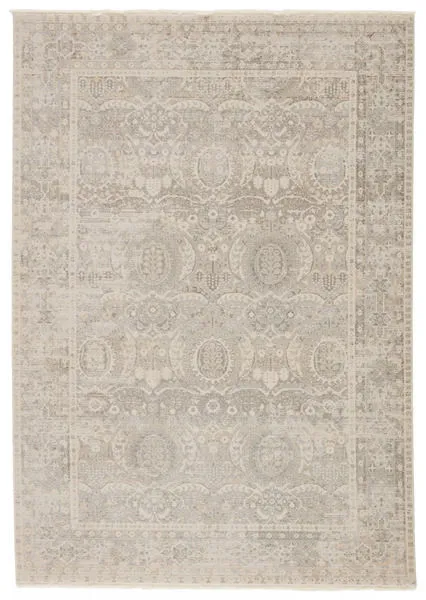 Vintage style Michon rug in gray, cream, and ivory with distressed brocade medallion and metallic accents
