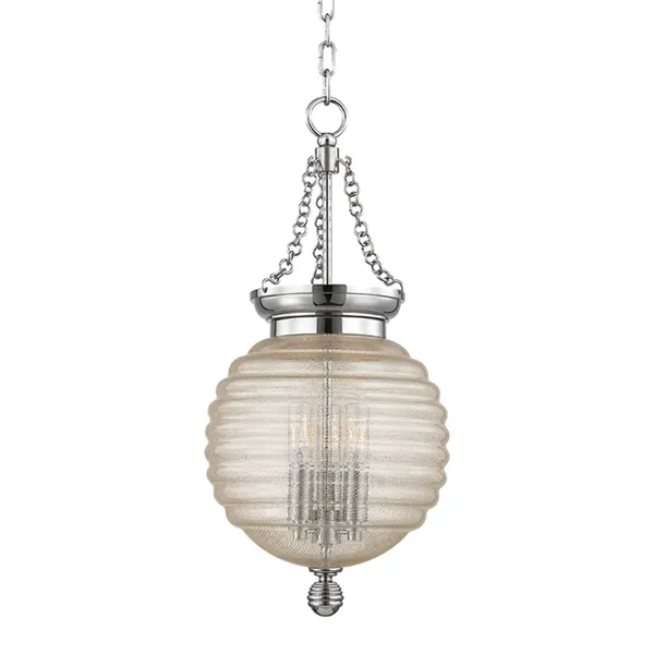 Coolidge 3 Light Pendant with ribbed spherical glass shade and brushed nickel chain suspension