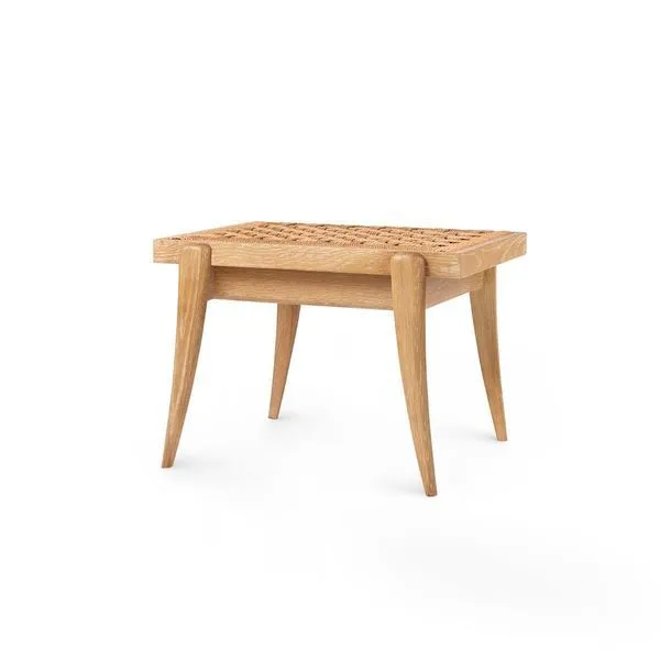 Small natural oak bench with thick handwoven seagrass seat and tapered legs