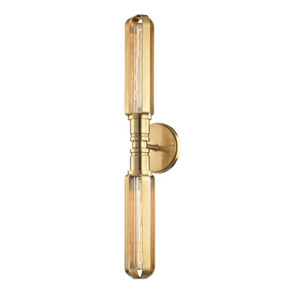 Brushed brass two-light wall sconce with Edison bulbs encased in elongated rectangular frames and circular wall mount