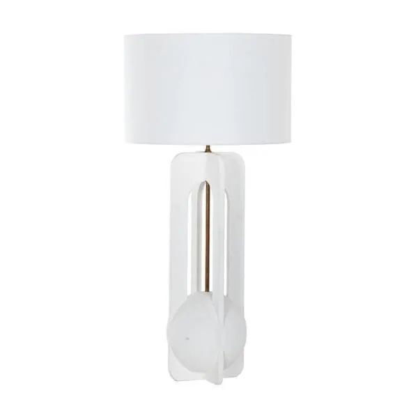 Jae Table Lamp with white plaster wood base, sea salt linen shade, and antique bronze metal fittings