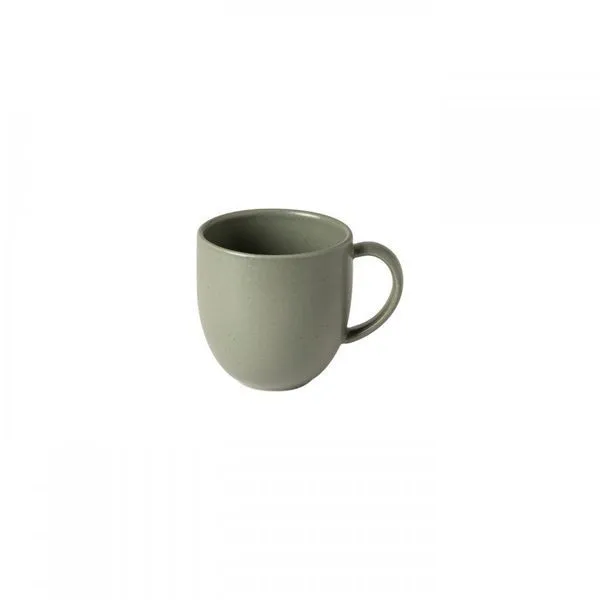 Artichoke green stoneware coffee mug with rounded shape and large handle, 12-ounce capacity