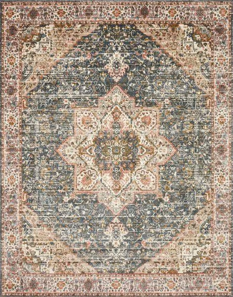 Saban Blue / Multi Traditional power-loomed rug with a central medallion and intricate flower motifs in faded blue, beige,...