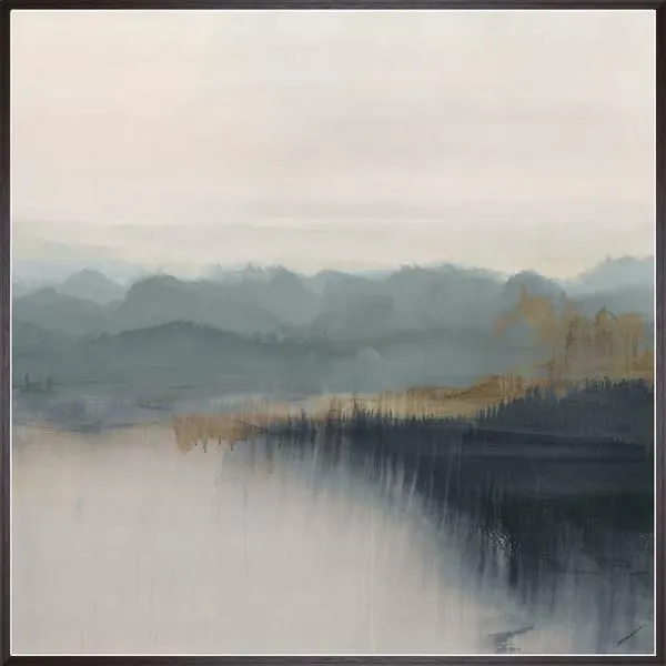 Serene painting of a foggy lake with muted blues, grays, and brown tones blending into distant mountains