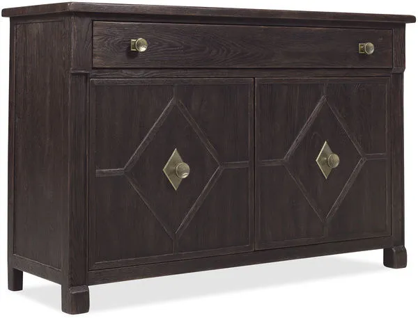 Burnt Timber Driftwood Hall Chest with diamond-patterned doors, self-closing drawer, brass knobs, and a fixed shelf.