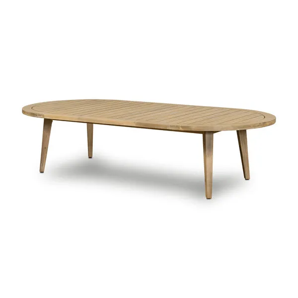 Outdoor oval coffee table in natural tan solid acacia wood with slatted top and tapered legs