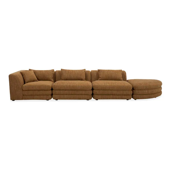Lowtide Linear Modular Sectional in textured brown fabric with layered cushions and rounded ottoman on right end