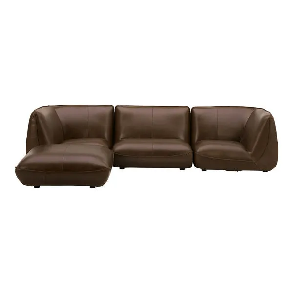 Zeppelin Nook Modular Sectional with low-slung, 70’s inspired silhouette in dark brown leather