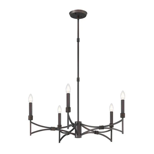 5-light Gardner chandelier in champagne mist finish with bowtie-shaped arms and wrapped metal accents