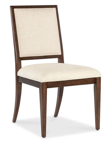 Upholstered dining chair with a high rectangular back and beige fabric, dark classic walnut wood frame