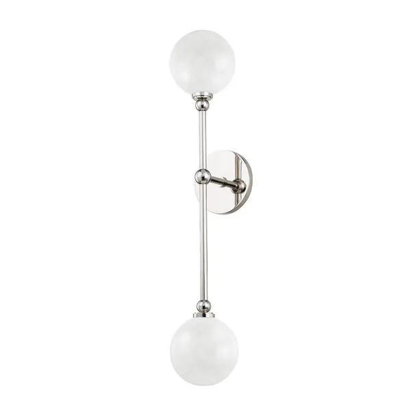Two-light wall sconce with polished nickel frame and frosted white glass globe shades