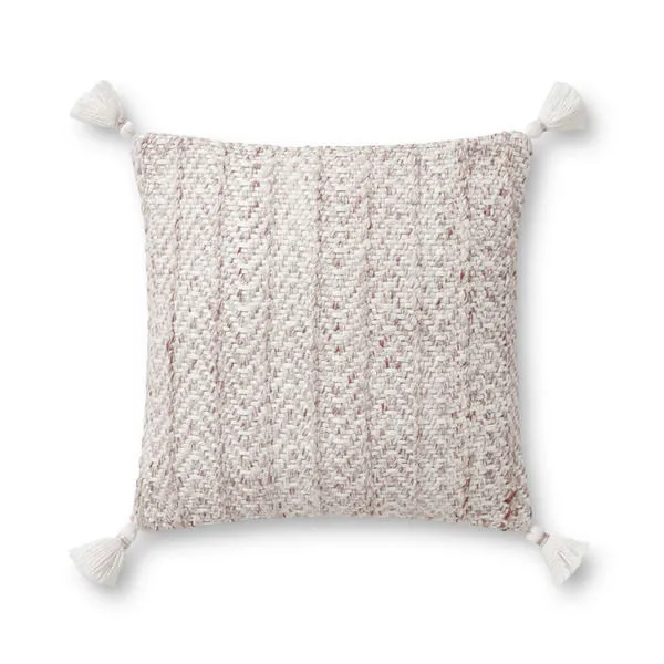 Square 18x18 blush and natural woven pillow with a chevron pattern and tassels on each corner