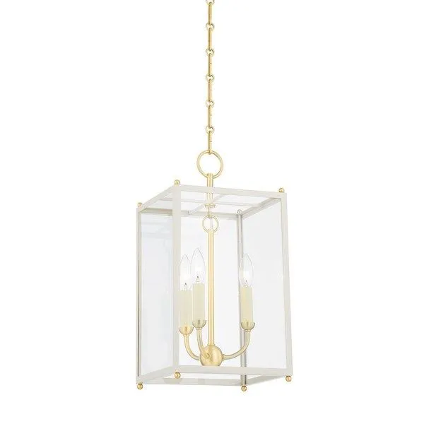 Chaselton 3-Light Off-White Lantern pendant with clear glass panels, aged brass frame and curved candle arms with cream ca...