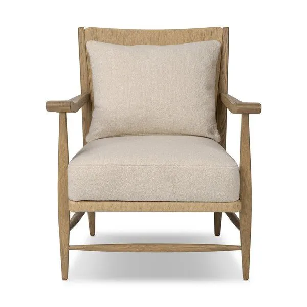 Godfrey Chair with solid oak tapered legs and natural paper cord seat and back, beige cushioned seat and pillow
