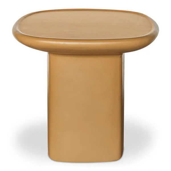 Manon Outdoor Side Table in warm tan with rounded square top and solid pedestal base